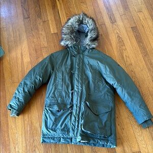 Timberland Green Puffer Jacket with Faux Fur Hood